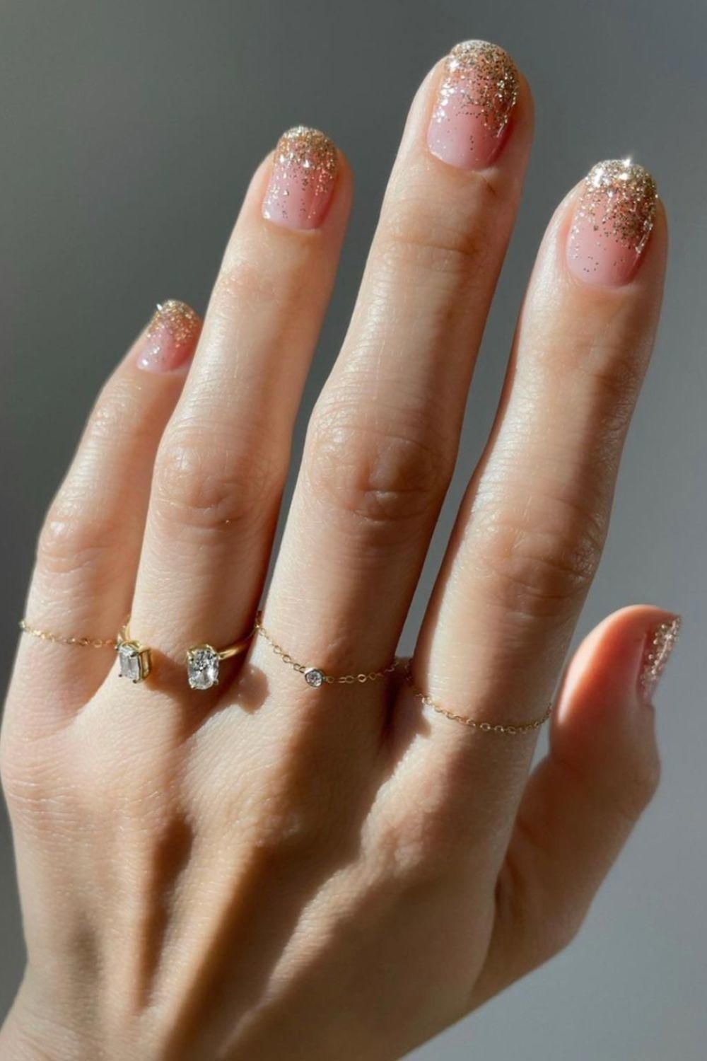 Short Square Pink Gold Glitter Tip Gradient — Winter Champagne Nails