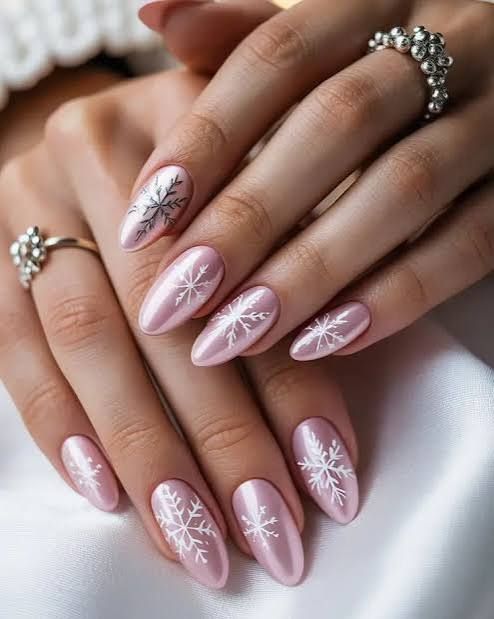 Shimmering Pale Pink with Delicate Snowflakes Shimmering Pale Pink with Delicate Snowflakes — Christmas Nail Art 2026