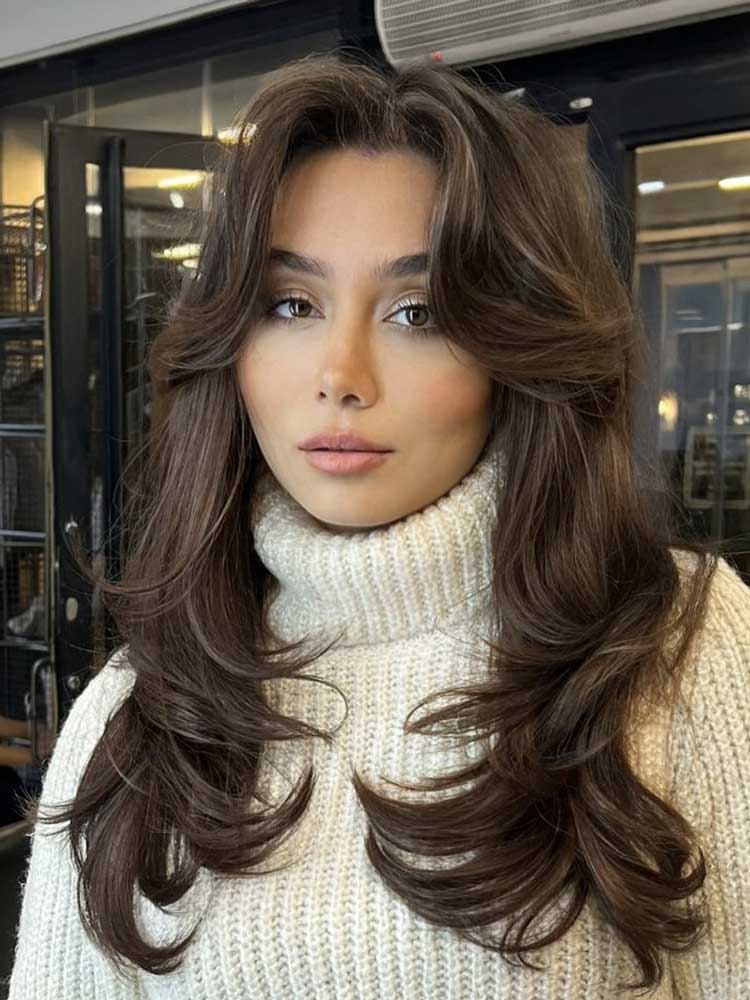 Wavy Dark Brown With Curtain Bangs Wavy Dark Brown With Curtain Bangs — Long Winter Haircuts