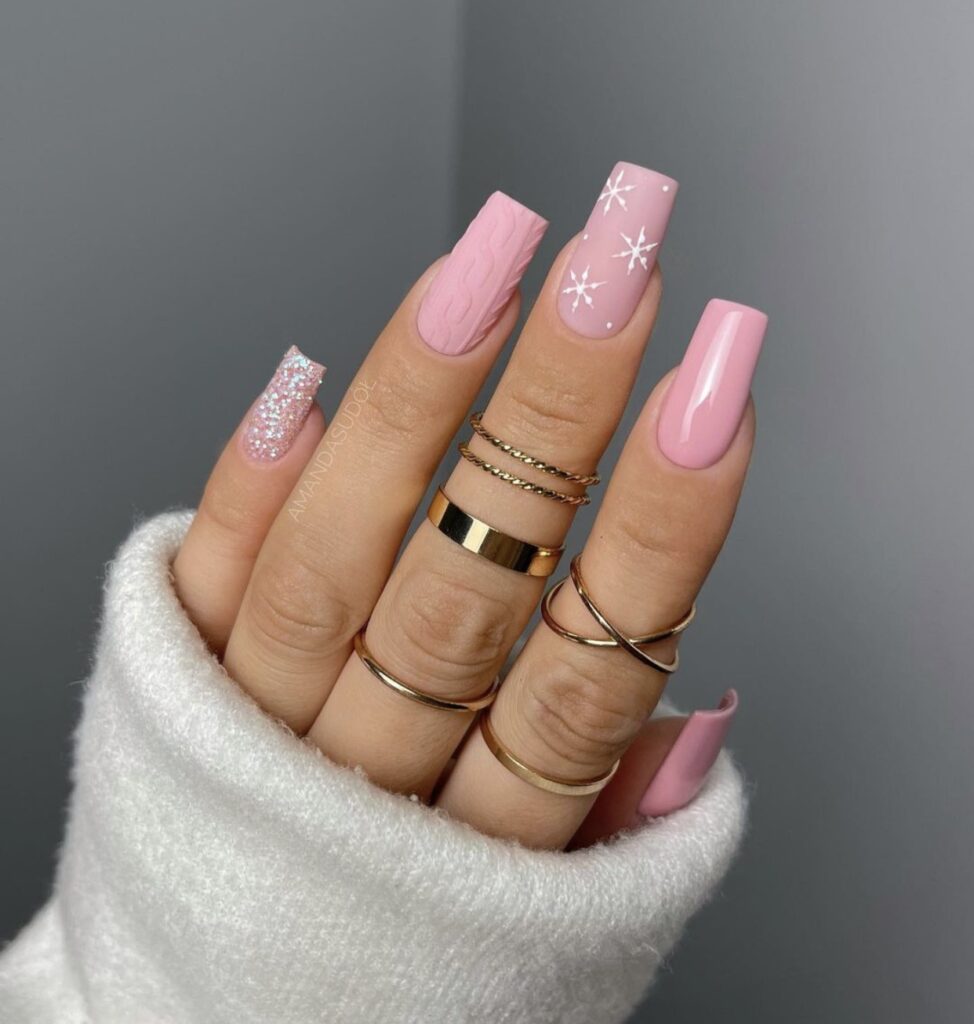 Soft Pink Glitter Cable Knit Coffin Nails Soft Pink Glitter Cable Knit Coffin Nails — Baddie Winter Nails