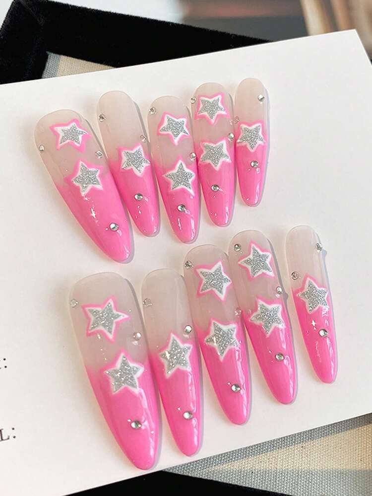 Pink Stars With Glitter Rhinestones Visual Idea Pink Stars With Glitter Rhinestones Visual Idea — Winter Date Night Nails
