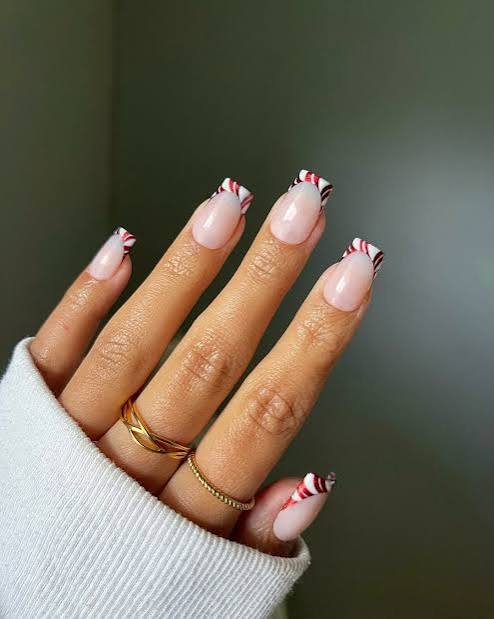 Natural Candy Cane Stripe French Tip Nails Natural Candy Cane Stripe French Tip Nails — Christmas Square Nails 2026