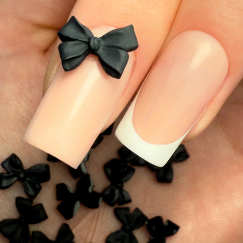 Nude French with Matte Black 3D Bow Nude French with Matte Black 3D Bow — Winter Bow Nails