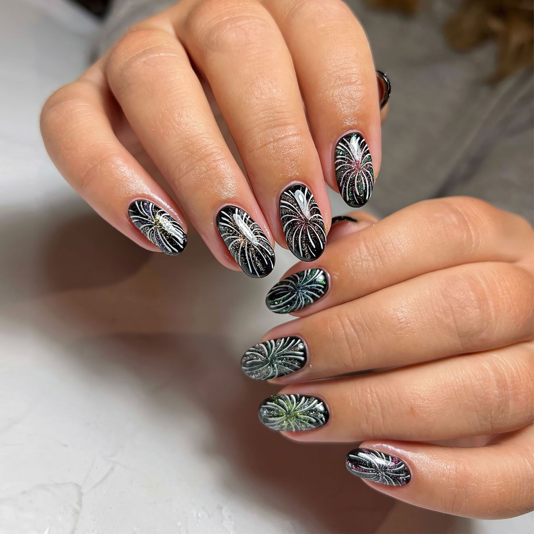 Black with Silver and Green Fireworks Black with Silver and Green Fireworks — Winter Nail Trends