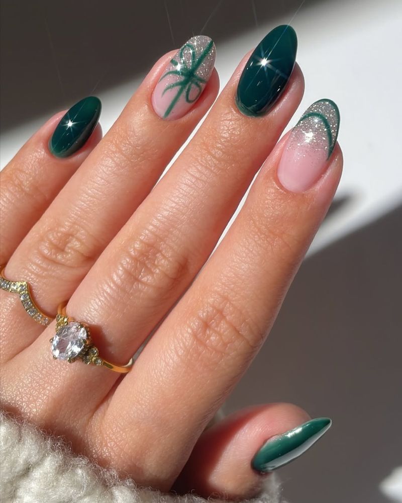 Pale Pink French with Green Bow — Green Christmas Nails 2026