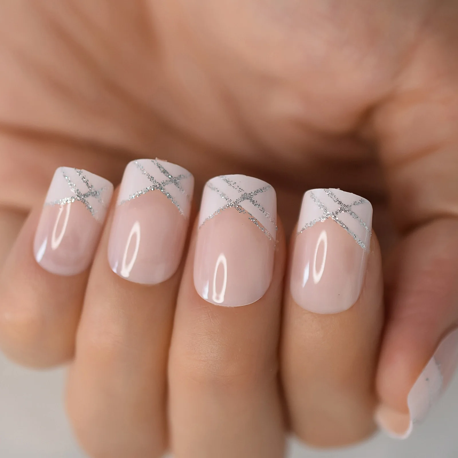 French Tips with Silver Glitter Lines French Tips with Silver Glitter Lines — Short Winter Acrylic Nails