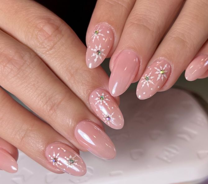 Medium Almond Rhinestone Snowflake Nails Medium Almond Rhinestone Snowflake Nails — Simple Christmas Nails 2026
