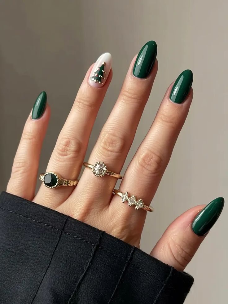 Deep Green Glossy with Minimalist Tree — Green Christmas Nails 2026