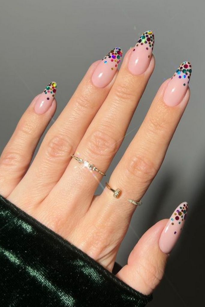 New Years Eve Glitter Confetti French Tips on Pink Stilettos New Years Eve Glitter Confetti French Tips on Pink Stilettos — New Years Stiletto Nails 2027