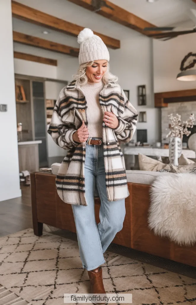 Checked Layers: Plaid Shacket and Wide-Leg Jeans Checked Layers: Plaid Shacket and Wide-Leg Jeans — Cabin Trip Outfits