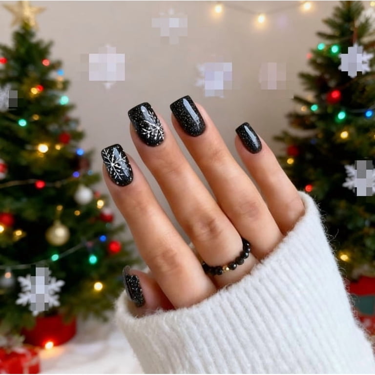 Black Snowflake Nails With Silver Glitter Black Snowflake Nails With Silver Glitter — New Years Press On Nails 2027