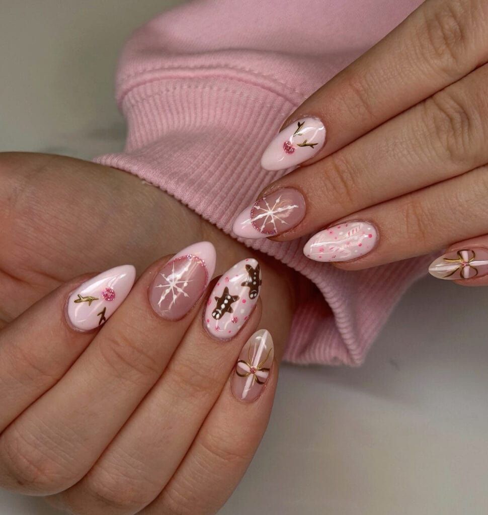 Pale Pink Christmas Motif Almond Nails Pale Pink Christmas Motif Almond Nails — Cute Christmas Nails 2026