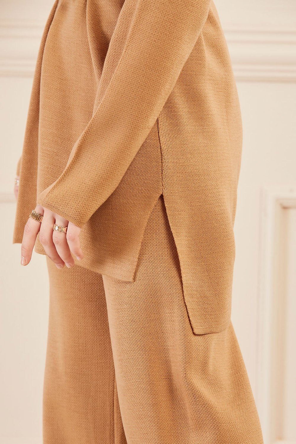 Casual Everyday Camel Knit Set with Side Slits and Wide-Leg Pants Casual Everyday Camel Knit Set with Side Slits and Wide-Leg Pants — Modest Winter Outfits