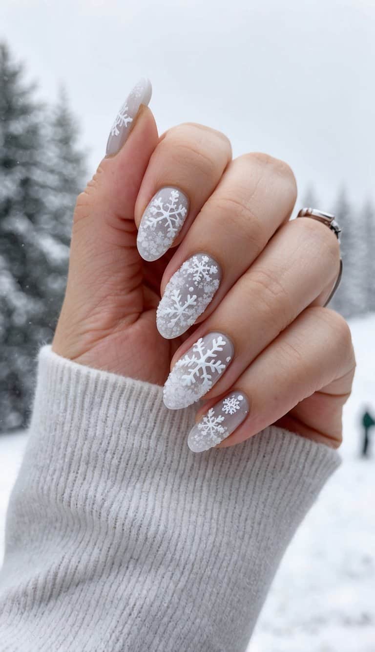 Matte Light Grey Snowflake Nails Matte Light Grey Snowflake Nails — Cozy Winter Nails