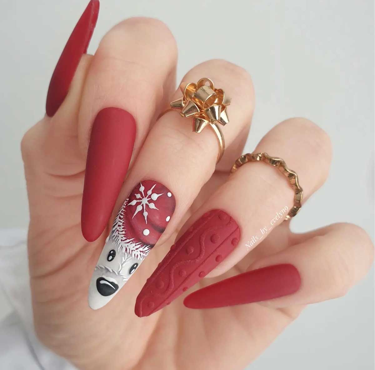 Polar Bear & Cable Knit Deep Red Matte Nails Polar Bear & Cable Knit Deep Red Matte Nails — Winter Matte Nails