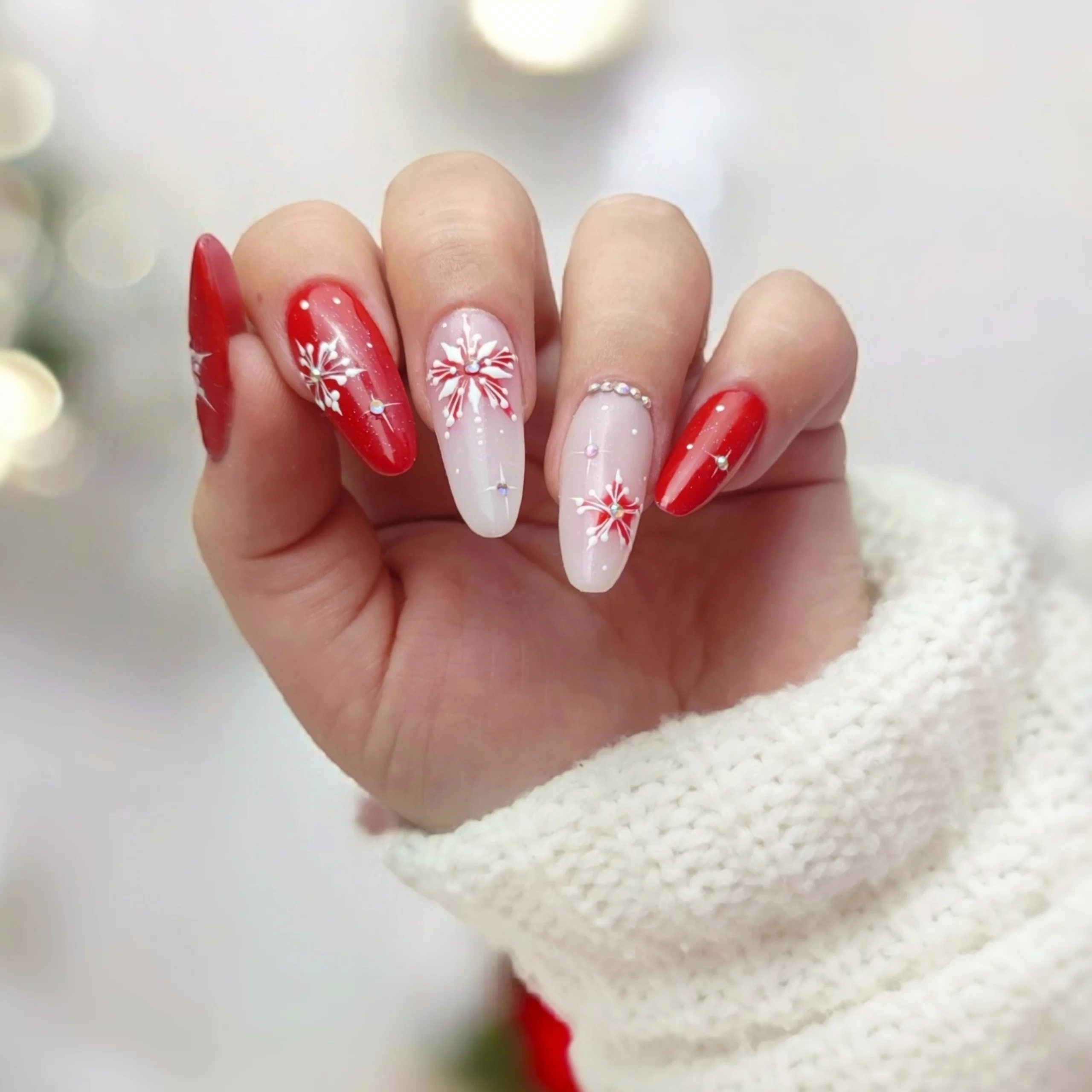 Glossy Red White Snowflake Bow Nails Glossy Red White Snowflake Bow Nails — Cherry Red Christmas Nails 2026