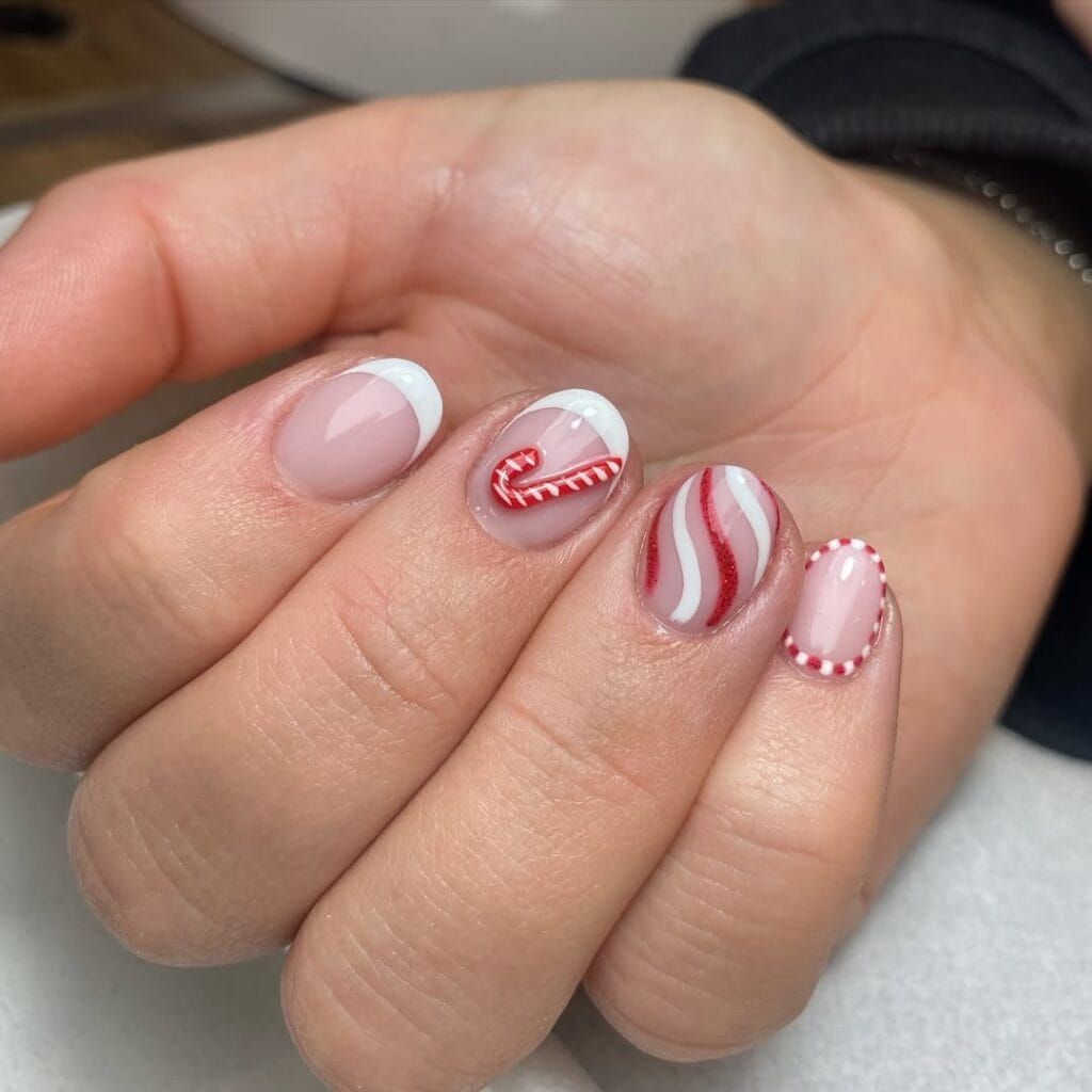 Short Oval Candy Cane French Tips Short Oval Candy Cane French Tips — Simple Christmas Nails 2026
