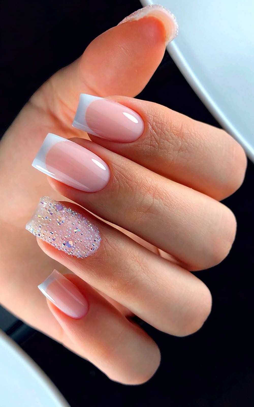 Medium Almond Classic French Glitter Accent Nails Medium Almond Classic French Glitter Accent Nails — New Years Eve Nails 2027