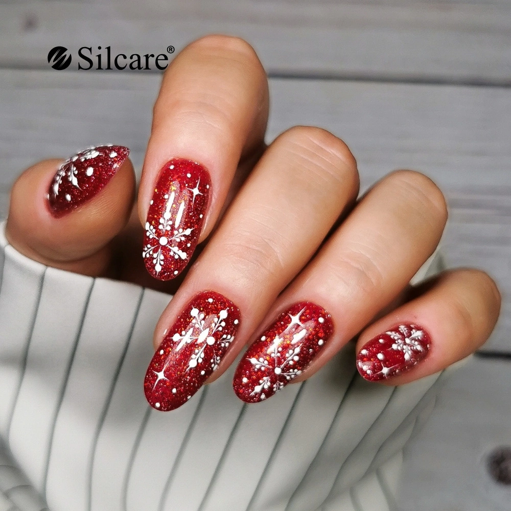 Deep Red Glitter with Intricate White Snowflakes Deep Red Glitter with Intricate White Snowflakes — Snowflake Nails