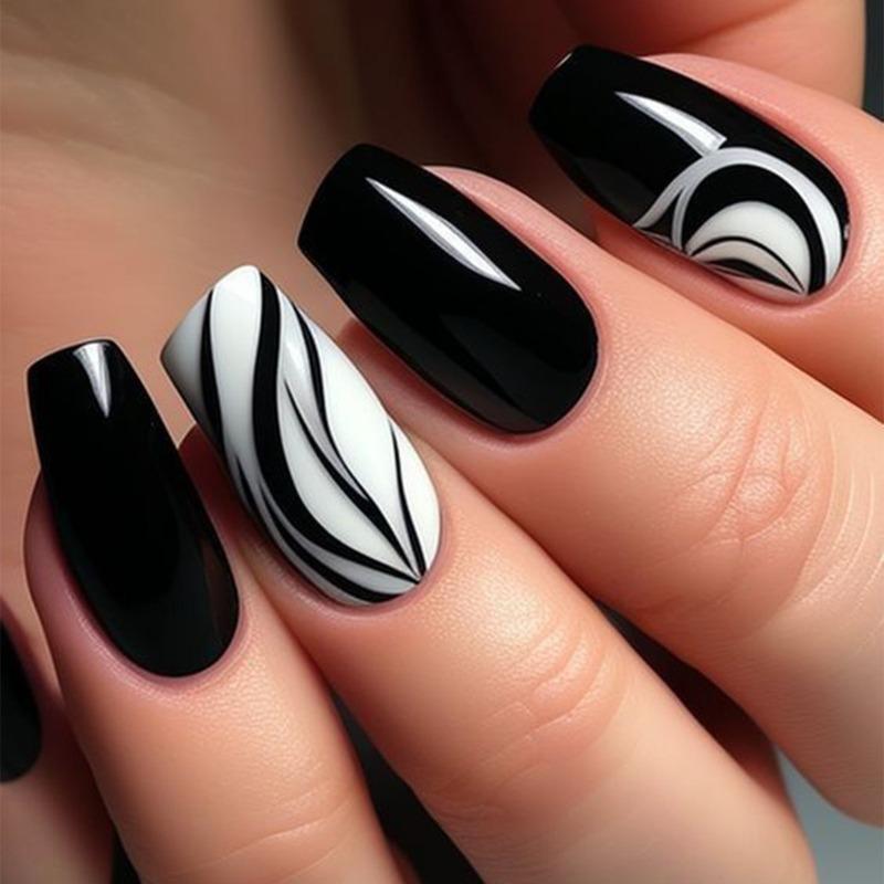 Striking Black and White Abstract Stripes Striking Black and White Abstract Stripes — Winter Nails for Black Women