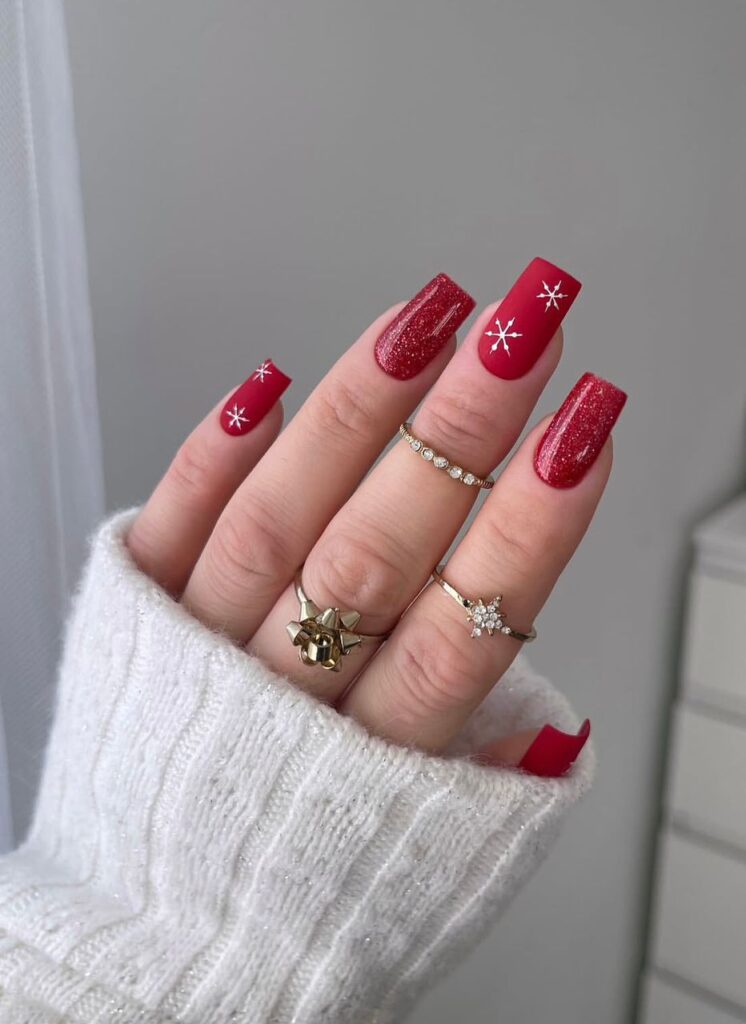 Medium Square Glitter Red with Matte Accents Medium Square Glitter Red with Matte Accents — Subtle Christmas Nails 2026