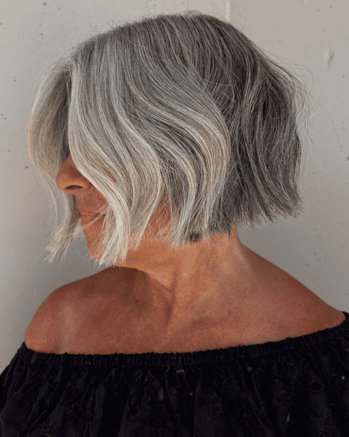 Wavy Bob With Blended Gray and Silver Blowout Wavy Bob With Blended Gray and Silver Blowout — Gray Blending Highlights