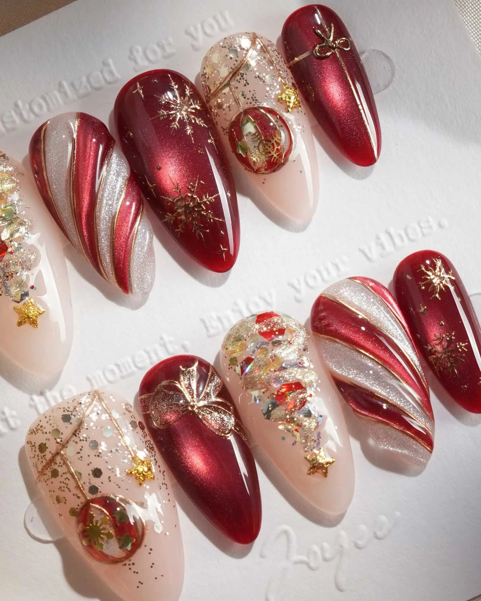 Both Hands Close-Up Visual Idea Both Hands Close-Up Visual Idea — Red and Gold Christmas Nails 2026