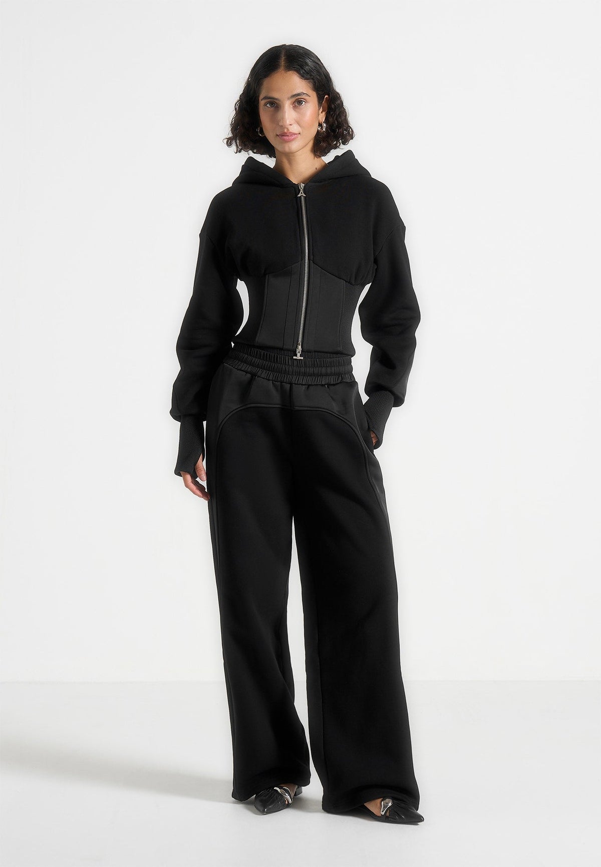 Black Hoodie with Corset Belt and Heels Black Hoodie with Corset Belt and Heels — Loungewear Outfits
