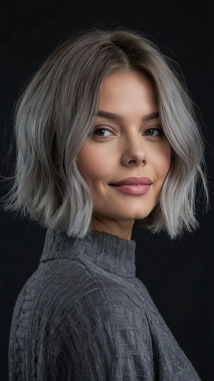 Wavy Bob With Natural Gray and Silver Blend Wavy Bob With Natural Gray and Silver Blend — Gray Blending Highlights