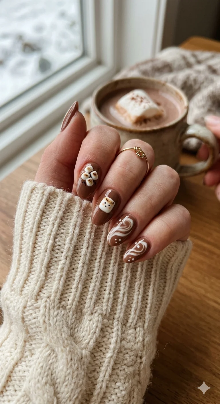 Brown Santa Face and Marshmallow Nails Brown Santa Face and Marshmallow Nails — Aesthetic Winter Nails