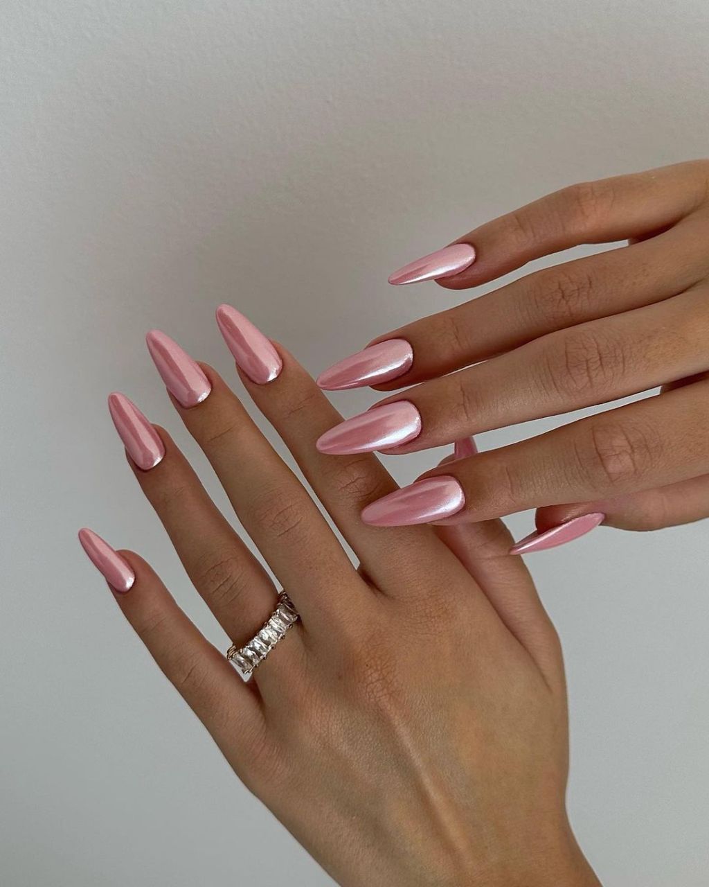 Pale Pink Fine Glitter Almonds — Simple New Years Nails 2027