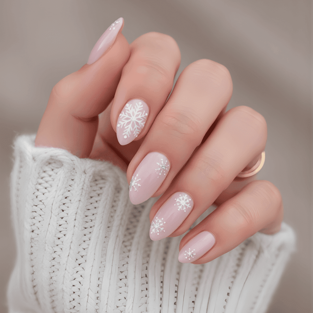 Sheer Pink with Delicate Snowflake Accents Sheer Pink with Delicate Snowflake Accents — Cozy Winter Nails