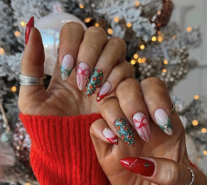 Medium Almond Pink Red French with Gems Medium Almond Pink Red French with Gems — Subtle Christmas Nails 2026