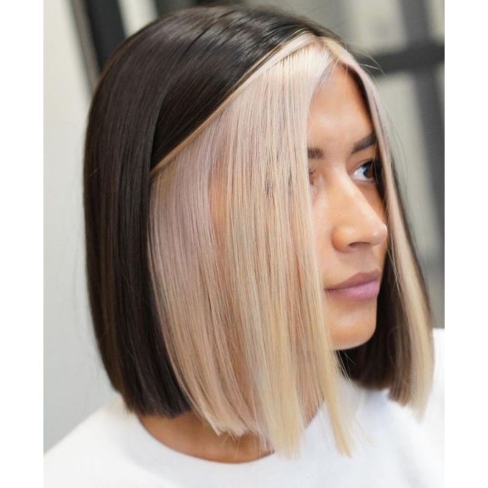 Blunt Bob With Blonde Money Piece — Winter Hair Colors for Short Hair