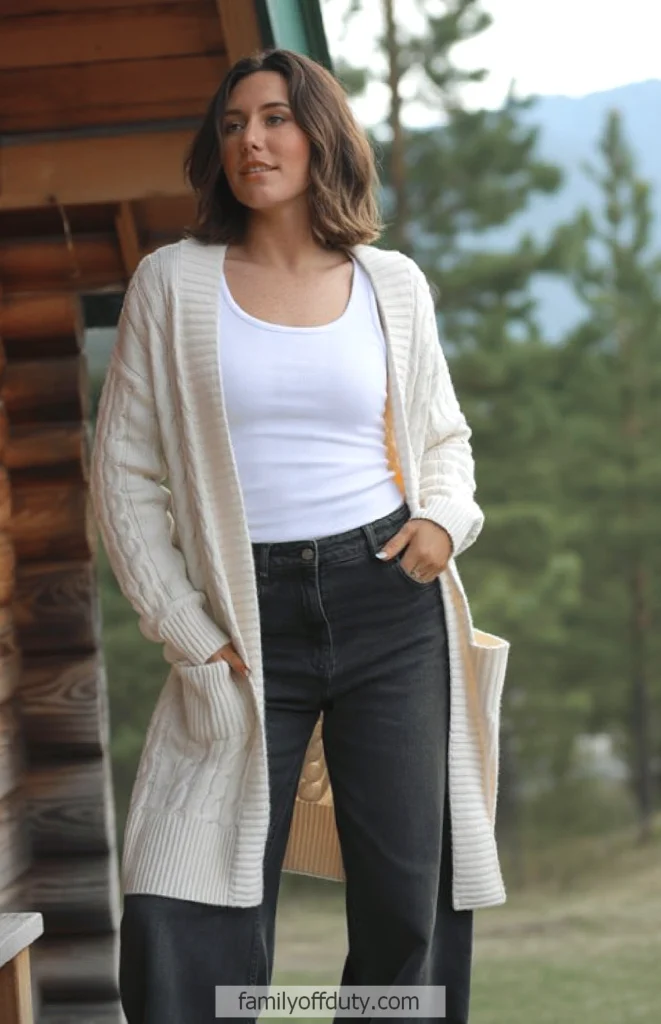 Cozy Classic: Cable-Knit Cardigan and Charcoal Jeans Cozy Classic: Cable-Knit Cardigan and Charcoal Jeans — Cabin Trip Outfits