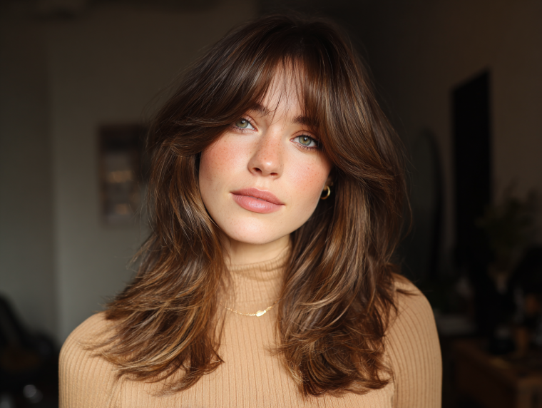 Caramel Highlights On Layered Lob Caramel Highlights On Layered Lob — Winter Hairstyles for Thick Hair