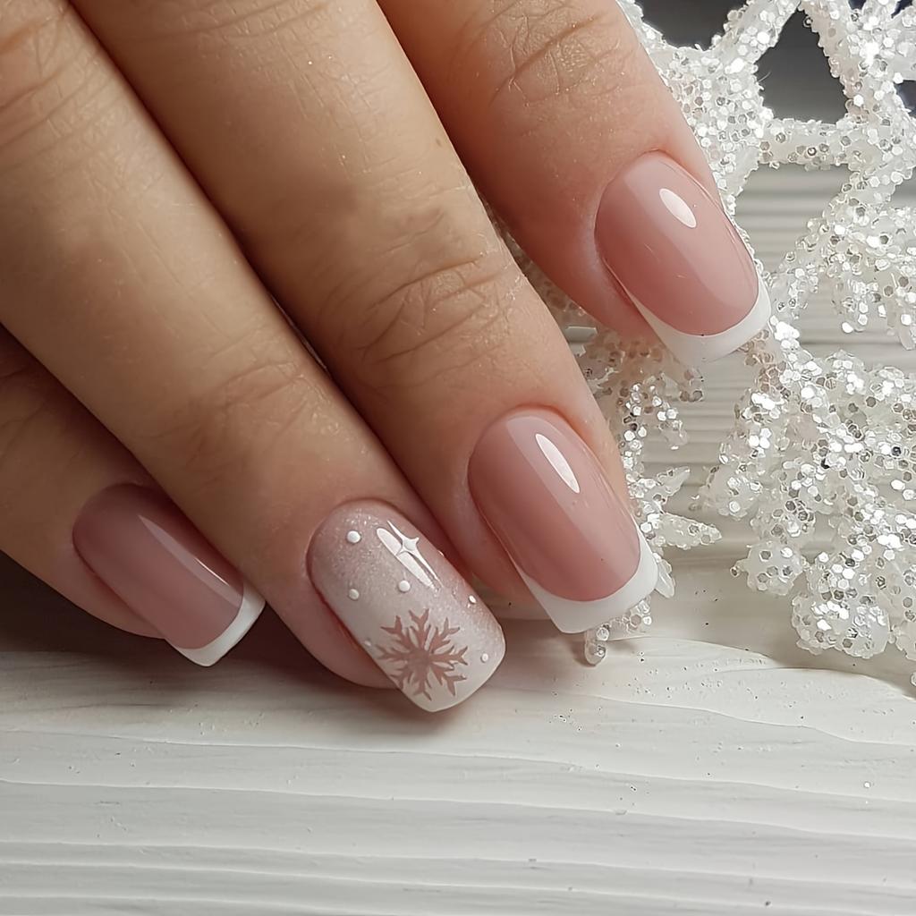 Classic French with Delicate Snowflake Accent Classic French with Delicate Snowflake Accent — Short Winter Acrylic Nails