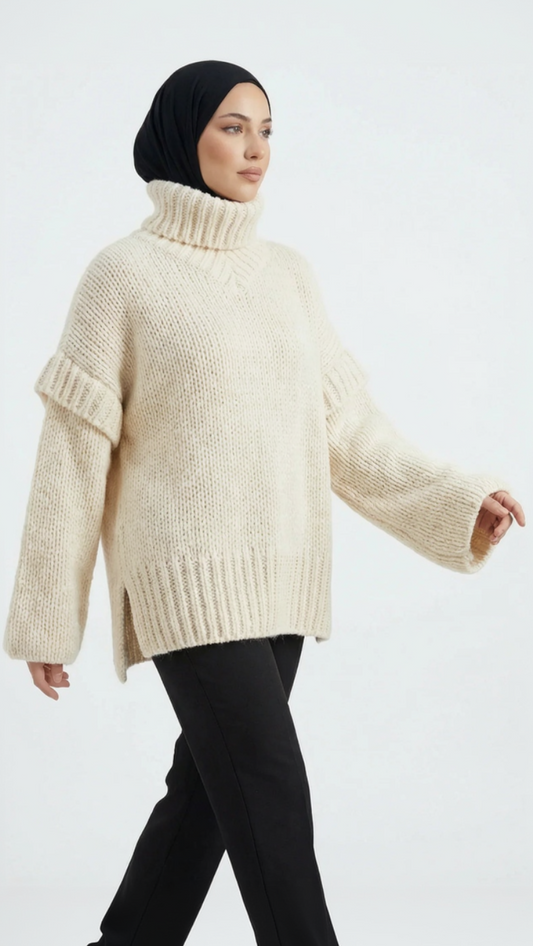 Cream Oversized Turtleneck Sweater with Black Trousers Cream Oversized Turtleneck Sweater with Black Trousers — Modest Winter Outfits