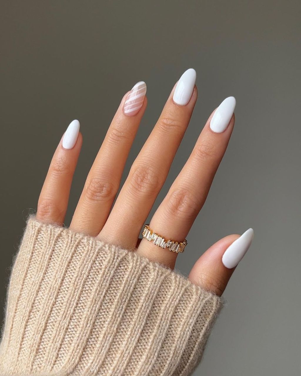 Opaque White with Pale Pink Line Art Opaque White with Pale Pink Line Art — Winter Nail Colors for Women Over 70