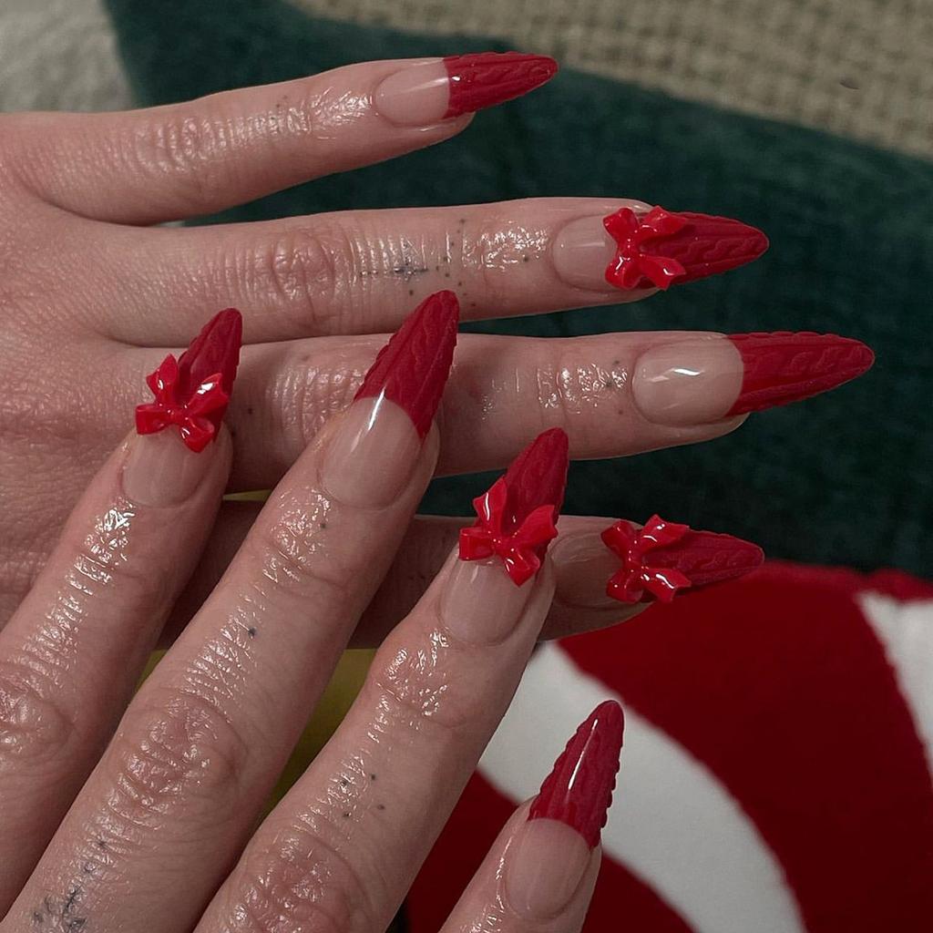 Textured Red French with 3D Red Bows Textured Red French with 3D Red Bows — Winter Bow Nails