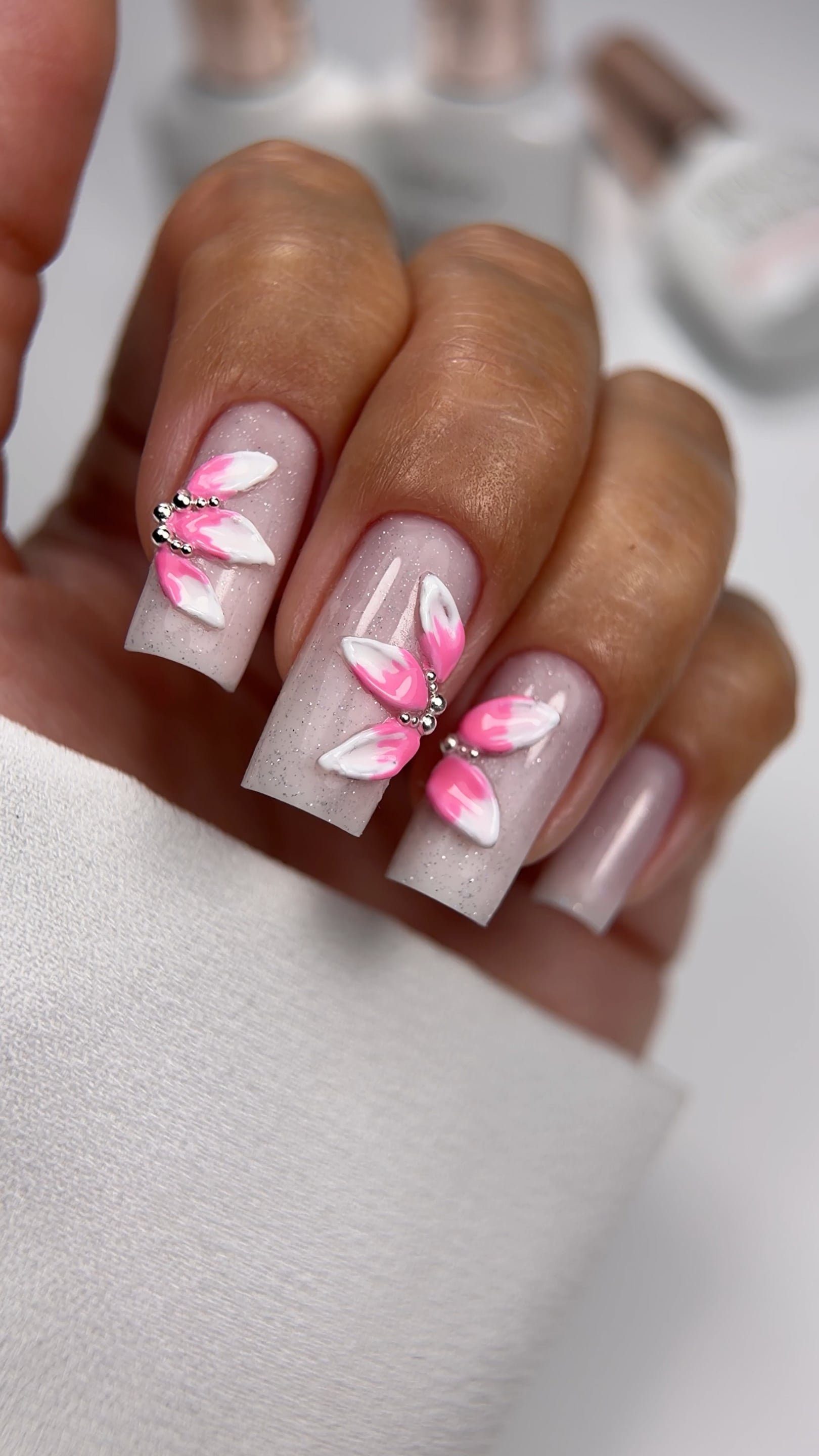 Milky Pink with 3D Floral Motifs Milky Pink with 3D Floral Motifs — Winter Nails for Black Women