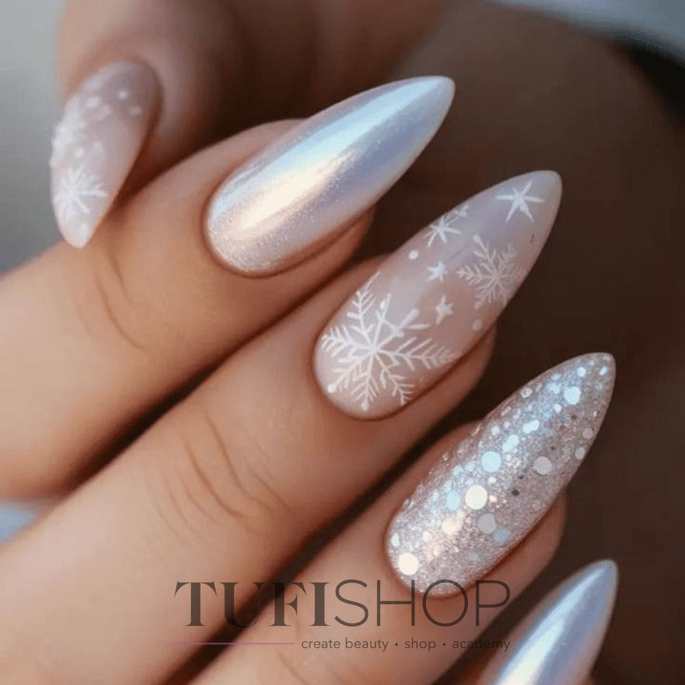 Nude Base Snowflake Glitter Chrome Nude Base Snowflake Glitter Chrome — Medium Winter Almond Nails