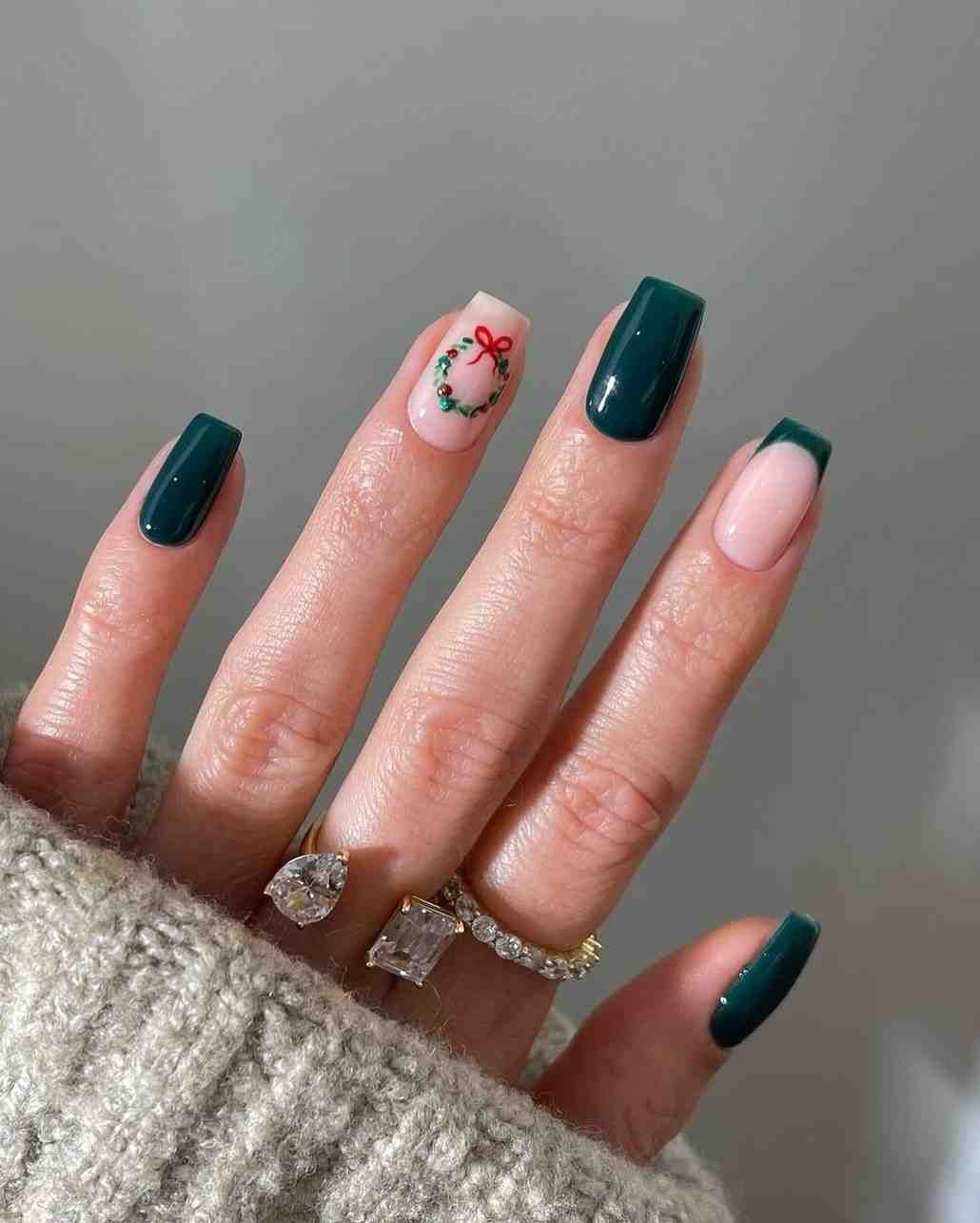 Dark Green with Nude Wreath French — Green Christmas Nails 2026