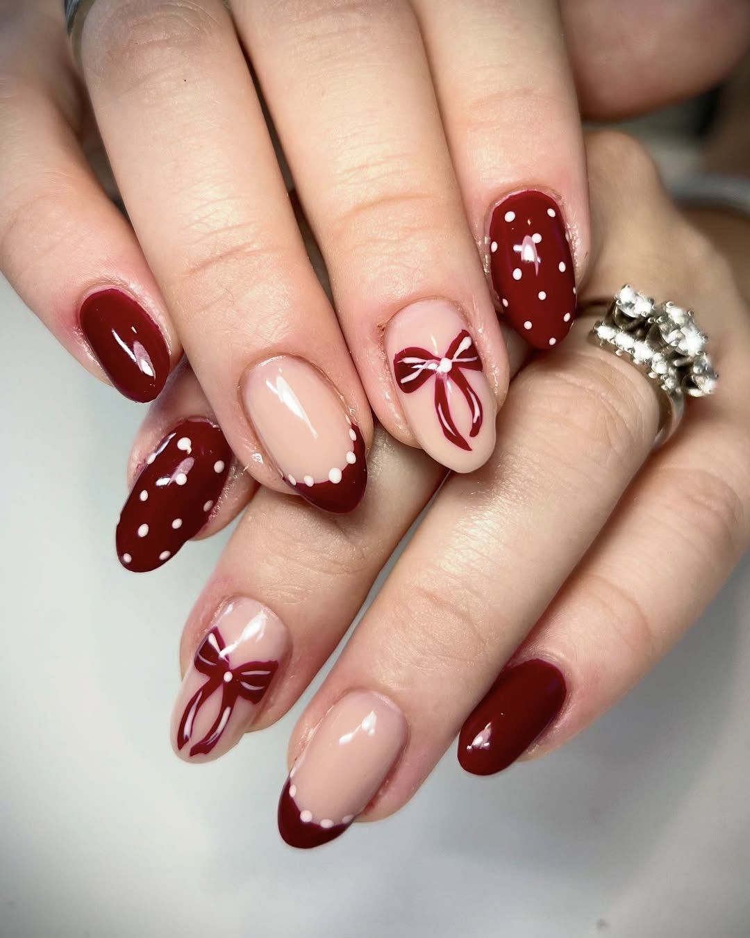 Dark Red Nude Red Bow Polka Dot Nails Dark Red Nude Red Bow Polka Dot Nails — Cherry Red Christmas Nails 2026