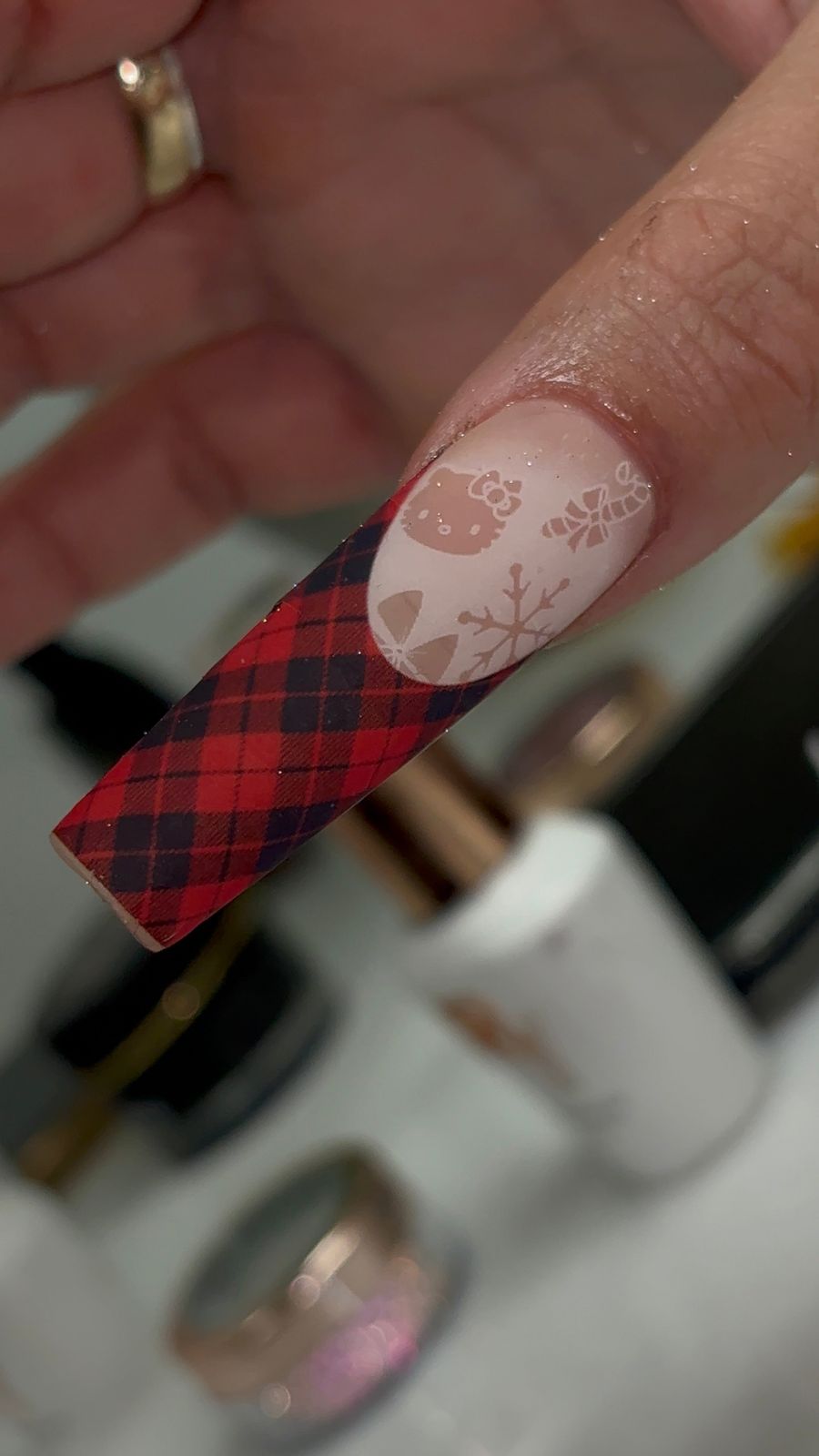 One Hand Close-Up On One Finger Visual Idea — Hello Kitty Christmas Nails 2026