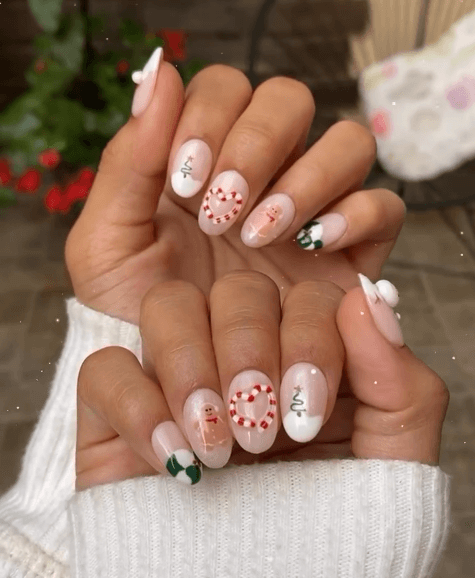 Gingerbread Candy Cane Oval Nails Gingerbread Candy Cane Oval Nails — Holiday Nails 2026