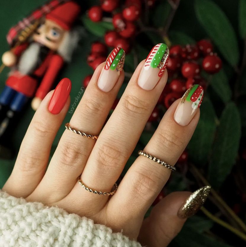 Gold-Lined Red and Green French Tips Gold-Lined Red and Green French Tips — Red and Green Christmas Nails 2026