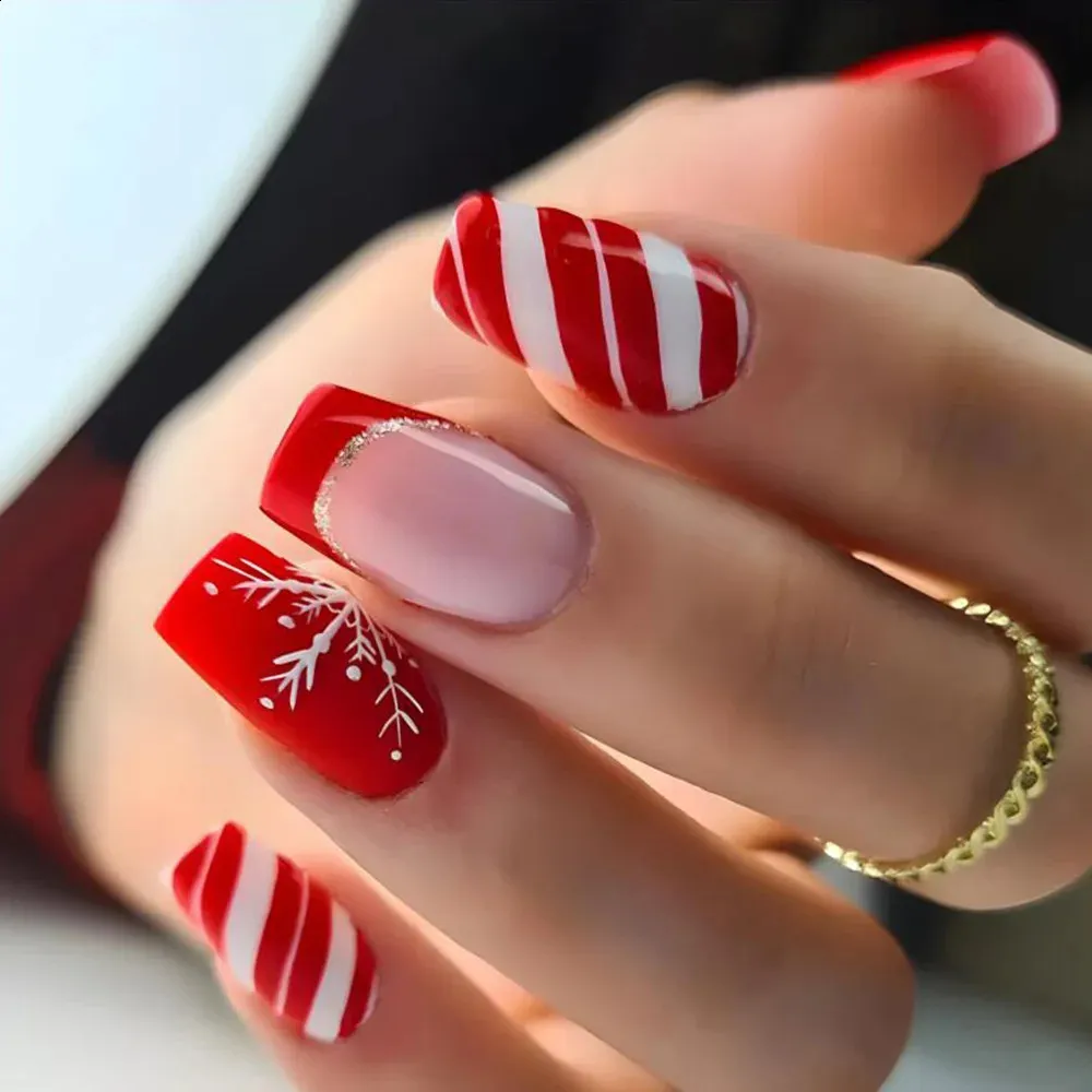 Medium Square Candy Cane and Snowflake Nails Medium Square Candy Cane and Snowflake Nails — New Years Press On Nails 2027
