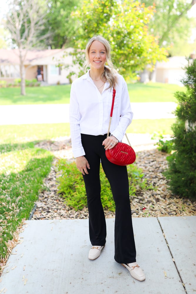 Crisp Button-Down and Pop of Red Crisp Button-Down and Pop of Red — Flare Leggings Outfits