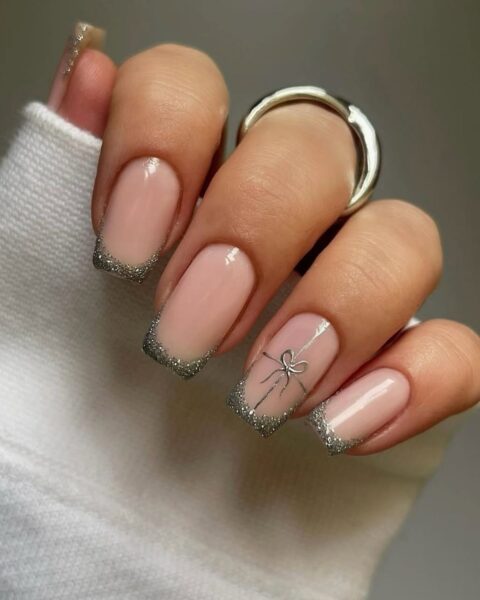 Glitter French Tips with Silver Bow Glitter French Tips with Silver Bow — Winter Bow Nails